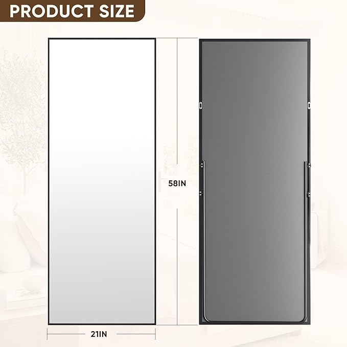 Antok Full Length Mirror, 58"x21" Floor Mirror with Stand, Hanging Mounted Mirrors for Bedroom, Living Room, Cloakroom, Dining Room, Black, Rect