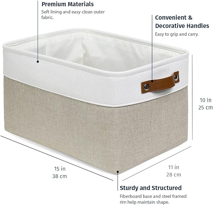 OrganiHaus Large Fabric Storage Baskets for Shelves 3 Pack, 15x11in Closet Storage Bins, Canvas Storage Bin for Organizing, Cloth Baskets, Linen Closet Organizers, Beige/Off-White