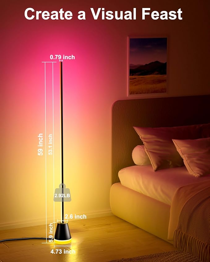 Keepsmile Smart RGB LED Corner Floor Lamp,Bright Tall Standing Lamps with APP and Remote,Modern Floor Lamp with Music Sync and 16 Million Colors, Ambient Lighting for Living Room Matte Black 2 Pack