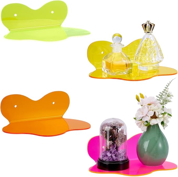 WADORN 4 Packs Acrylic Floating Shelves, Small Colorful Wall Shelf Wall Mounted Display Stand with Screw for Makeup Figure Nail Plants Bedroom Office Mounting Organizer Decors, 7.9-inch Diameter