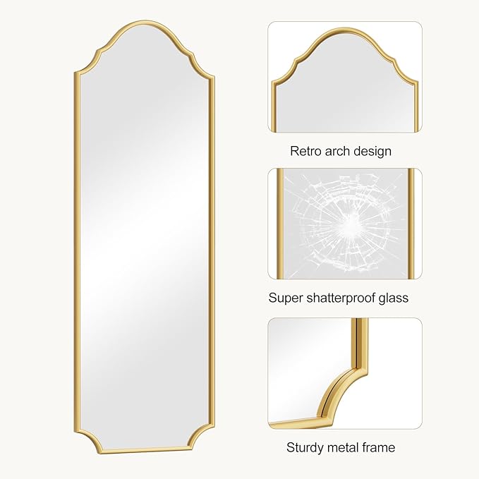 WallBeyond Arched Full Length Mirror Wall Mounted, 65"x22" Gold Metal Frame Full Body Mirror for Bedroom, Living Room, Hanging or Leaning Against Wall Full Size