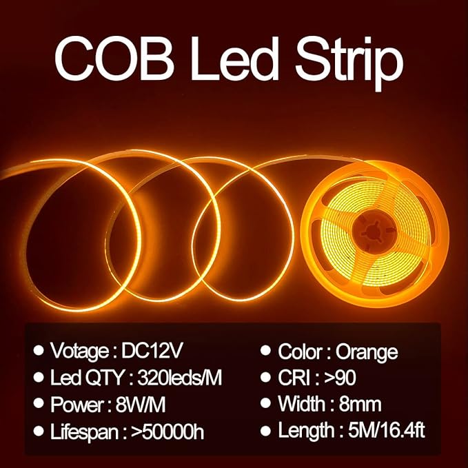 HAMRVL COB LED Strip Lights Orange,DC12V 16.4ft/5M 320leds/M CRI90 Bright Flexible LED Tape 8mm, for Indoor Home Cabinet, Bedroom, Kitchen, Stage, Backlight DIY Lighting(Without Power Supply) (Orange)
