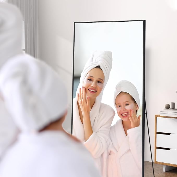 56"X18" Full Length Mirror, Black Floor Mirror with Stand Hanging or Leaning Against Wall Aluminum Alloy Frame Wall Mirror Full Length Tempered Glass for Bedroom Living Room