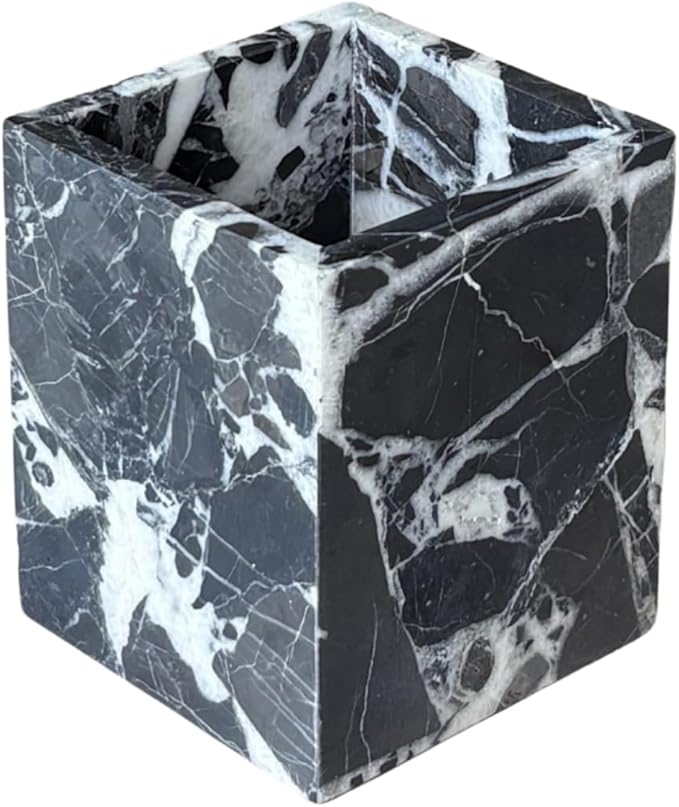 Natural Marble Stone Square Storage Container Empty Vessel Holder Cup for Candle/Pens/Sundries items (Calacatta Black)