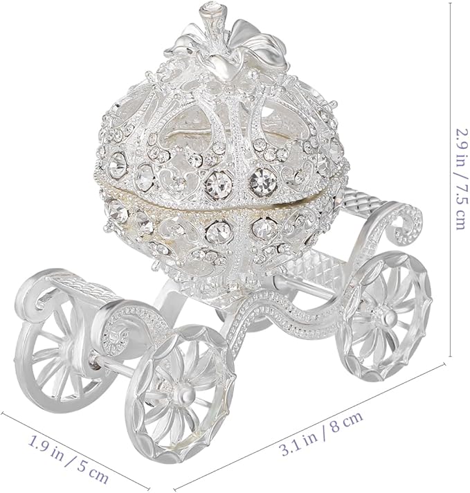Ipetboom Rhinestone Trinket Box - 1pc Silver Pumpkin Carriage Princess Crystal Jewelry Box Alloy Pumpkin Cart Ornaments Display Holder Organizer for Accessories Cosmetics - 3.14x2.95x1.97in