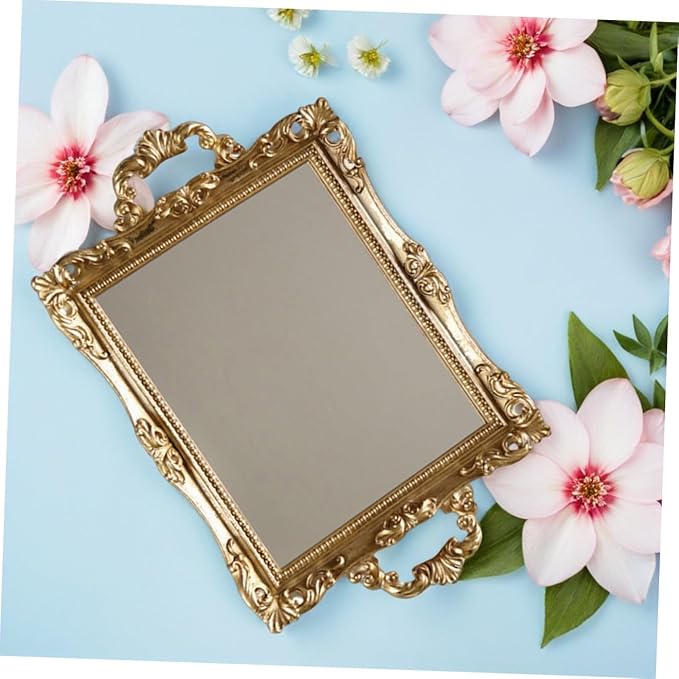Totority Vintage Nordic Style Golden Mirror Tray Resin Decorative Storage Plate for Wedding Dessert Table and Makeup Organizer