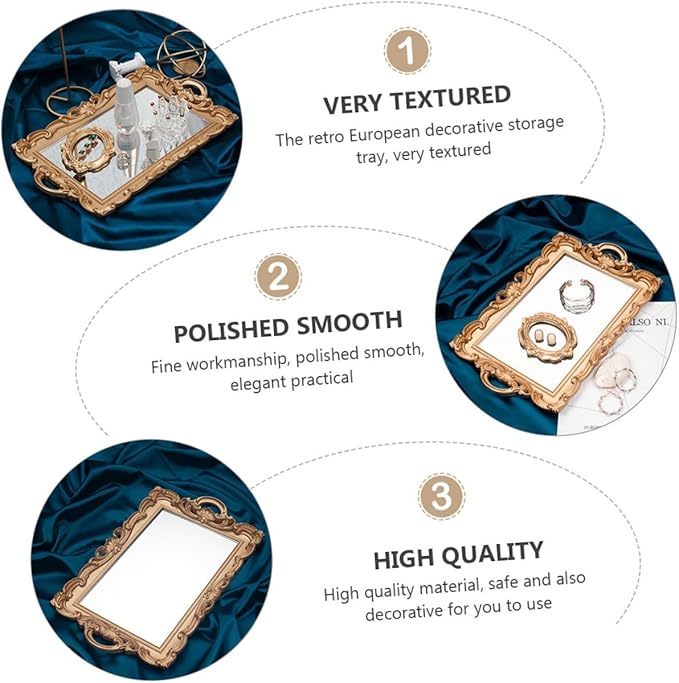 BESPORTBLE Retro Mirror Tray Decorative Makeup Organizer Cosmetic Storage Plate Golden Rectangular Photo Prop for Vanity and Perfume Display
