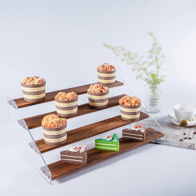 2 Pack Large 4 Tier Acrylic Display Stand 16*10.6*6.3 inches for Figures Wooden Risers Display Case for Craft Fair Acrylic Cupcake Stand for Dessert Table Cologne Organizer for Men(BROWN)