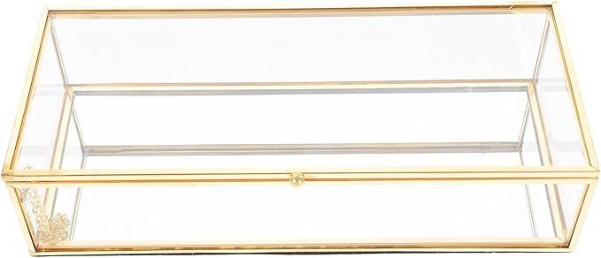 Lidded Glass Jewelry Box with Metal Frame 23x10x5.5cm Cosmetic Organizer Case for Lipstick Perfume Home Storage