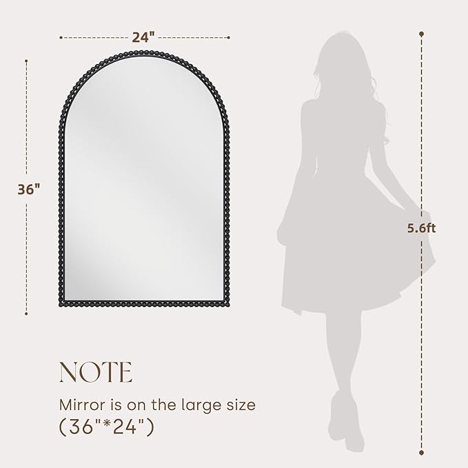 Beaded Arch Wall Mirror Large - Arched Mirror Wall Decor 36"X24" with Metal Frame, Ideal for Entryway, Fireplace, Living Room, Hallway, Bathroom, Black