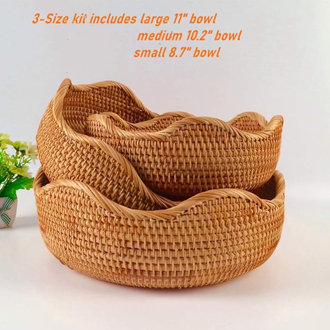 Handmade Rattan Round Fruit Basket Food Storage Organizer Snack Serving Tray Basket with 3' Deep Wall, Boho Decor Display Tray Bowl (3-Size Kit)