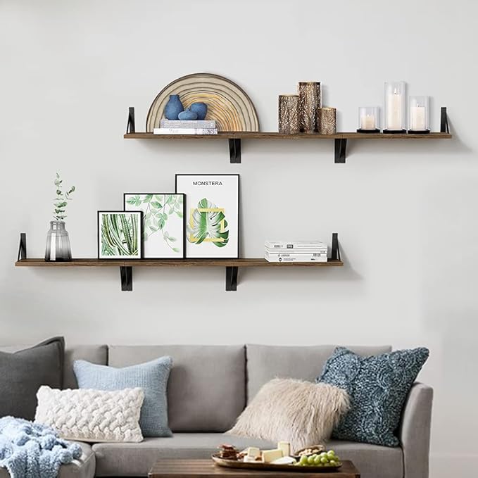 Forbena Rustic Floating Shelves Wall Mounted Set of 3, 17 Inch Natural Wood Wall Shelves, Decor Storage Shelf for Bedroom Bathroom Living Room Office Pictures Plants Books Cats TV (Rustic Brown)