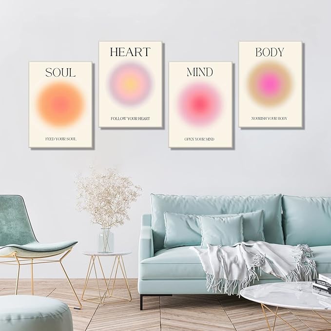 Framed Art Angel Halo Aesthetics Poster Set of 4 Pieces Colorful Aura Gradient Canvas Wall Art Spirit Soul Quote Print Painting Danish Pastel Bedroom Bathroom Yoga Wall Decor Gift for Lovers 12x16