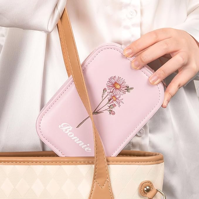 BYFDIY Custom Jewelry Box With LED Light and Makeup Mirror Leather Travel Jewelry Case Organizer Personalized Birth Flower Name Jewelry Boxes For Women