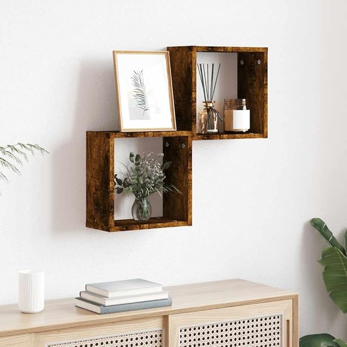 vidaXL Wall Cube Shelves Set of 2 Smoked Oak 11.8X5.9X11.8 in Indoor Storage for Living Room Office Minimalist Display Organization Shelf Floating Mounted Bookshelf Shelving