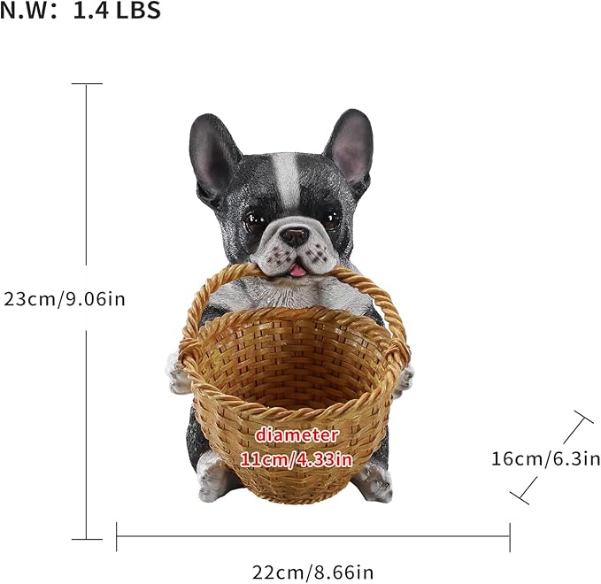 Dog Resin Storage Basket, Desktop Organizer for Remote & Keys, Cute Home Decor Tray, Ideal present for Pet Lovers.(French Bulldog Biting Basket)