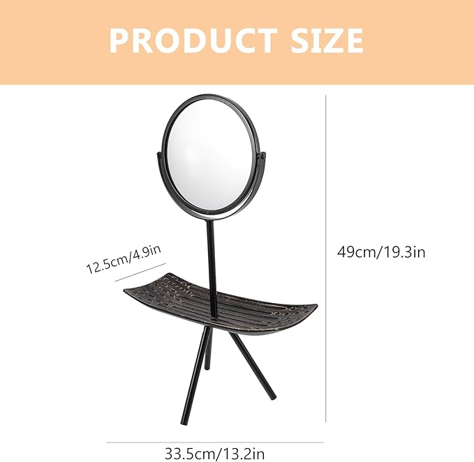 Vanity Desk Makeup Mirror with Jewelry Tray, Rotating Tabletop Mirror for Bedroom, European Style Black Rectangular Cosmetic Organizer for Women