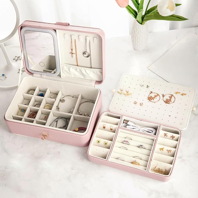 BYFDIY Custom 3-Layer Travel Jewelry Case Personalized Name Birth Flower Jewelry Organizer and Storage With 3 Colors LED Makeup Mirror Mother Jewelrys Box Gifts For Women Nana Size 9.25×6.3×3.54 INCH