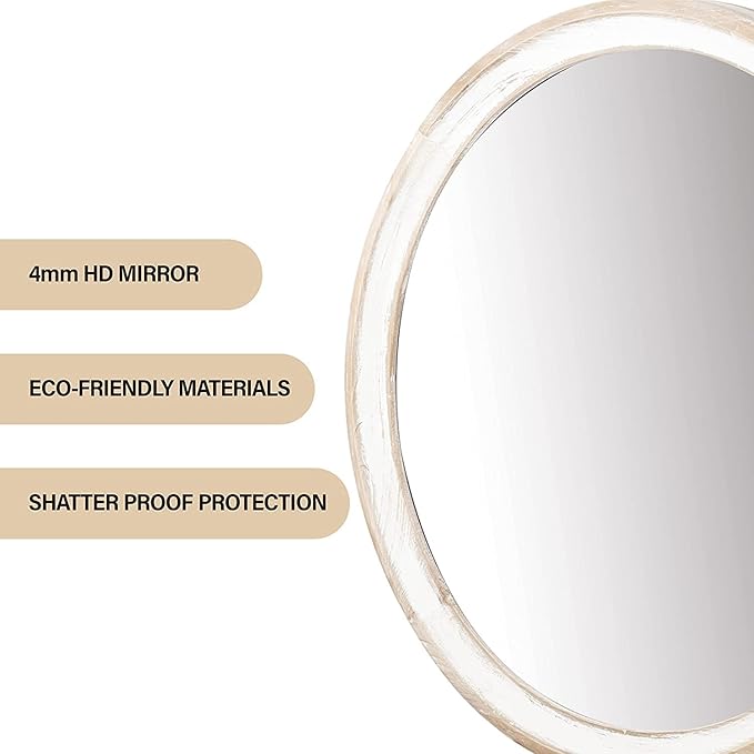 Reflinto 24 Inch Rustic Farmhouse Round Wall Mirror for Home Decor, Washwhite Wooden Circle Decorative Mirrors for Bathroom Over Sink, Bedroom, Entryway, Living Room, Kithen, Office