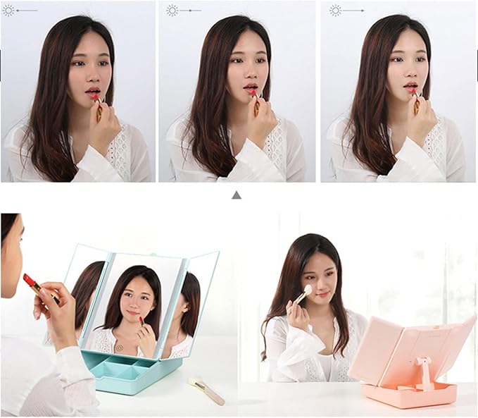 Makeup Mirror Vanity Mirror - Trifold Lighted Makeup Mirror, Makeup Mirror with Organizer and Lights, Makeup Mirror with Tray, Travel Mirror, Lighted Makeup Mirror, LED Mirror,White