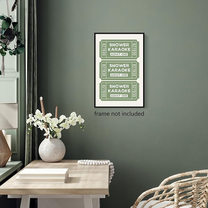 abrtolpffo Sage Green Shower Karaoke Wall Art, Trendy Admit One Ticket Canvas Poster, Funny Bathroom Wall Art Print, Cute Quotes Wall Decor for Restroom Guestroom 16x24in Unframed