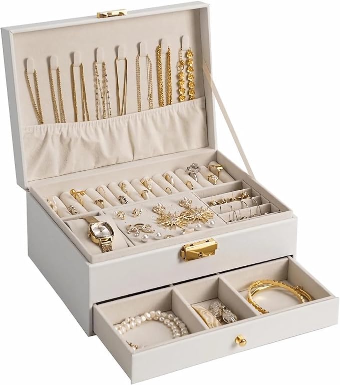 GUOER Jewelry Box for Women Girl Wife - Large PU Leather Jewelry Organizer Storage Case with Two Layers Display for Earrings Bracelets Rings Watches (White)