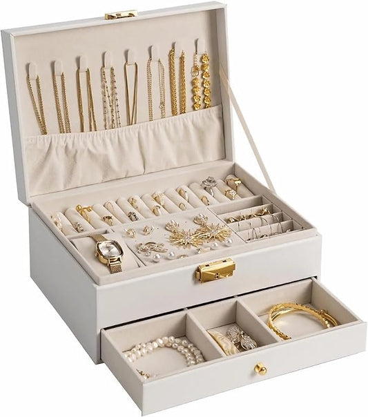 GUOER Jewelry Box for Women Girl Wife - Large PU Leather Jewelry Organizer Storage Case with Two Layers Display for Earrings Bracelets Rings Watches (White)