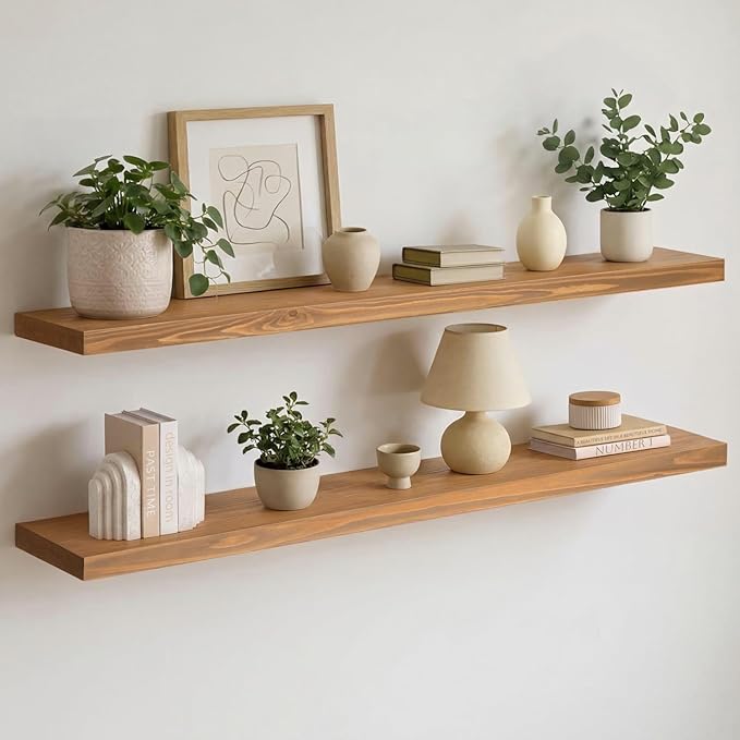 Homeforia 48 inch Golden Oak Floating Shelf, High End Solid Real Wood 48inch Small Floating Shelves for Wall Mounted, Oak Wooden 48in Floating Shelves, Heavy Duty Bracket, 48 X 6.5 X 1.75 in, Set of 3