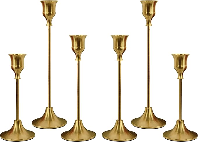NLBTW Set of 6 Brass Gold Candle Holders for Taper, Vintage Candlestick Holder Decorative Metal Candle Sticks Home Decor Centerpieces for Table Mantel Festive Decorations