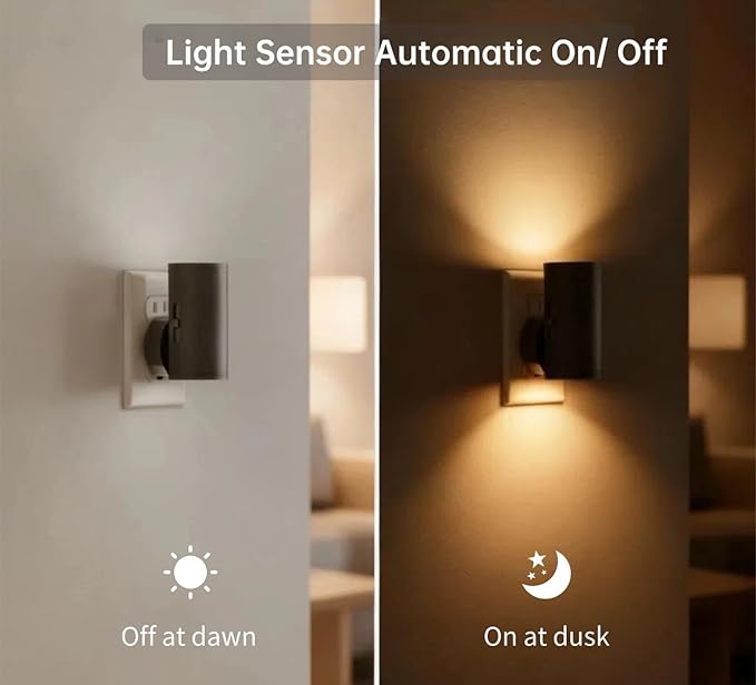 TSEXES 4 Pack LED Night Light Plug in, Dusk to Dawn Sensor,5-300LM Adjustable Brightness, Soft White 3000K,Dimmable Night Lights for Kitchen,Hallway Bedroom,Stairs