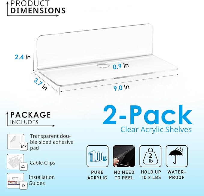 OAPRIRE Clear Acrylic Floating Shelves Set of 2 - Easily Expand Wall Space - Small Wall Shelf with Strong Adhesive for Bathroom, Bedroom, etc