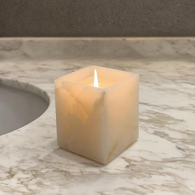 Natural Marble Stone Square Storage Container Empty Vessel Holder Cup for Candle/Pens/Sundries items (White Onyx)
