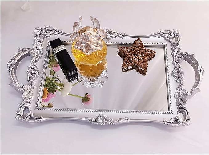 Small Rectangle Decorative Mirror Tray, French Style, Makeup Organizer, Jewelry Organizer, Serving Tray, 13"x 7.8", Silver