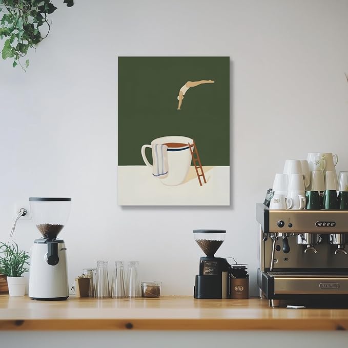 Cyebmo Modern Coffee Wall Art, Funny Diver Wall Decor, Vintage Kitchen Wall Decor, Minimalist Cafe Wrapped Canvas Painting, Green Abstract Espresso Artwork for Kitchen Cafe Coffee Bar 16x24 Inch