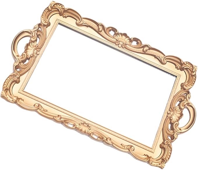 Lurrose Retro European Mirror Tray Decorative Storage Plate for Cosmetics and Perfume, Golden Rectangular Makeup Organizer for Vanity and Photo Props, Household Display Accent