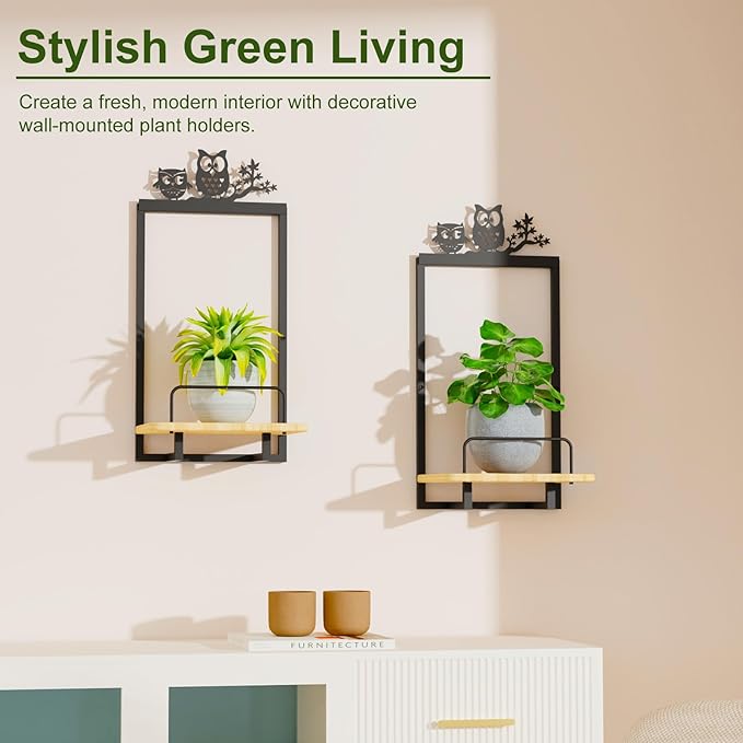 Shineled Wall Planter for Indoor Plants 2 Pack, Wall Mounted Plant Holder for Small Plants, Floating Wall Shelf for Plants, Real Oak Wood, Magnetic Animal Decor, Home Wall Decor (OWL)