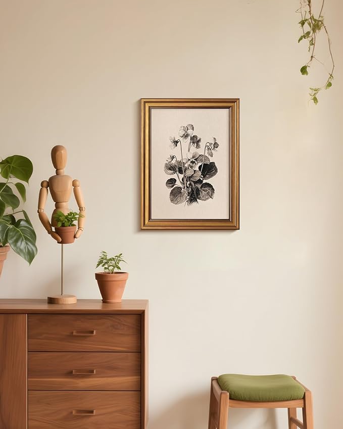 Bzstyleart Vintage Wall Art Decor for Living Room, Gold Framed Flower Wall Art Vintage Travel, Sketching Painting Picture, Home Decor Aesthetic for Kitchen Bathroom, Viola Sororia, 12L x 16W