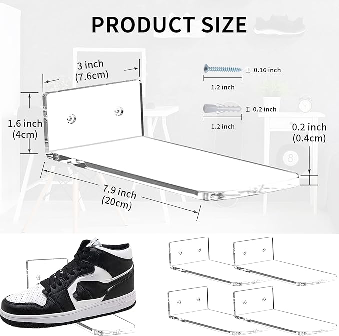 Floating Shoe Display Shelves Wall Mount Set of 6, Clear Acrylic Floating Sneaker Shelves, 8 x 3 Inch Acrylic Shoe Shelf for Wall, Shoe Display Shelf for Bedroom Hallways Sneaker Collections