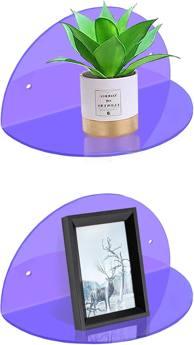 ROYALITA Small Acrylic Shelves Room Decor Floating Shelves (2-Pack, 8-inch Diameter) - Wall Mounted Display Stand for Plants, Toys, Makeup, and More - Ideal for Home and Office, Purple