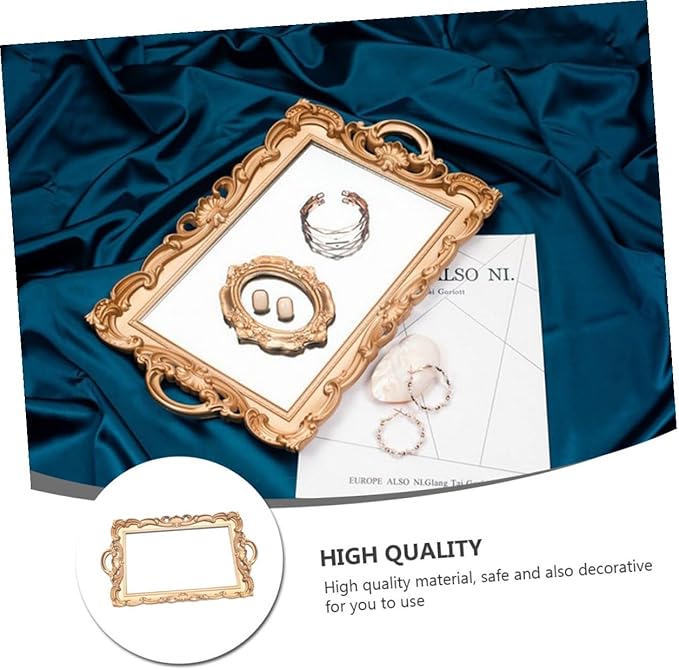 SAFIGLE Vintage European Mirror Tray Golden Storage Plate Cosmetic Makeup Organizer Elegant Household Vanity Display for Perfume Jewelry and Dessert