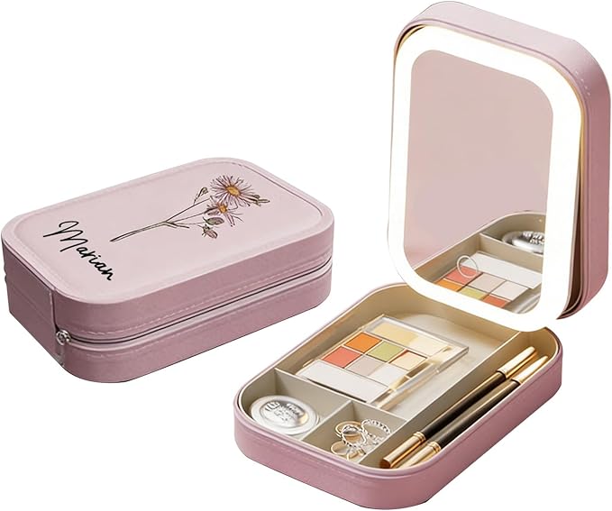 Personalized Travel Jewelry Case with LED Mirror, Custom Jewelry Box with Birth Flower & Name, Customized Leather Makeup bag, Portable Organizer Box Gifts for Women, Mother, Daughter