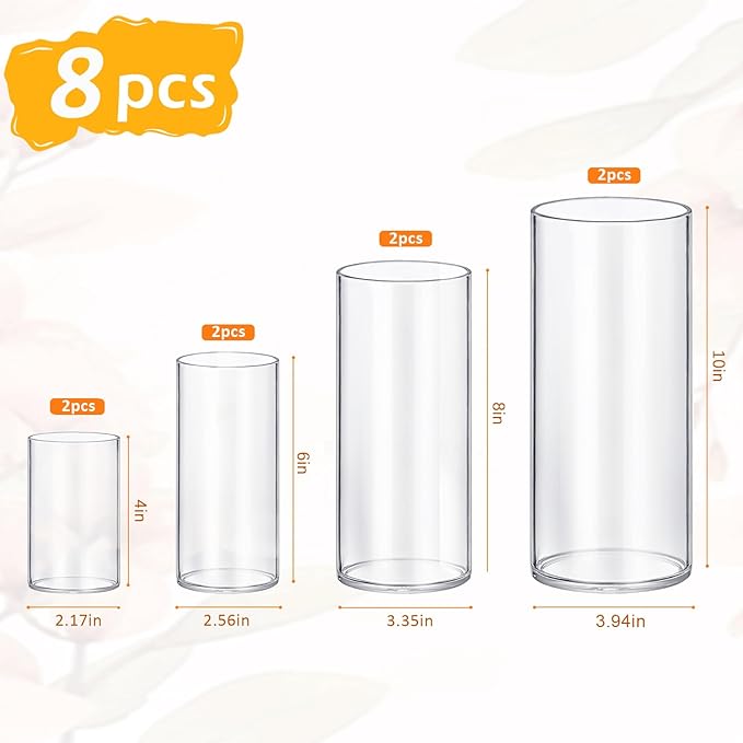 8 Pack Glass Cylinder Vases 4,6,8,10 Inch Tall Clear Flower Vase Hurricane Floating Candle Holder for Table Centerpiece Wedding Home Decor