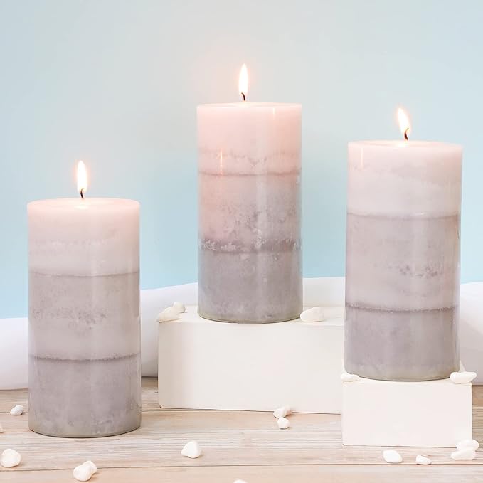 Set of 3 Scented Candles 3" x 6" Creamy Coconut Scented Hand Poured Grey White Pillar Candles Long Burning Smokeless Cotton Wick Candles Gift Set for Spa Wedding Home Decorations