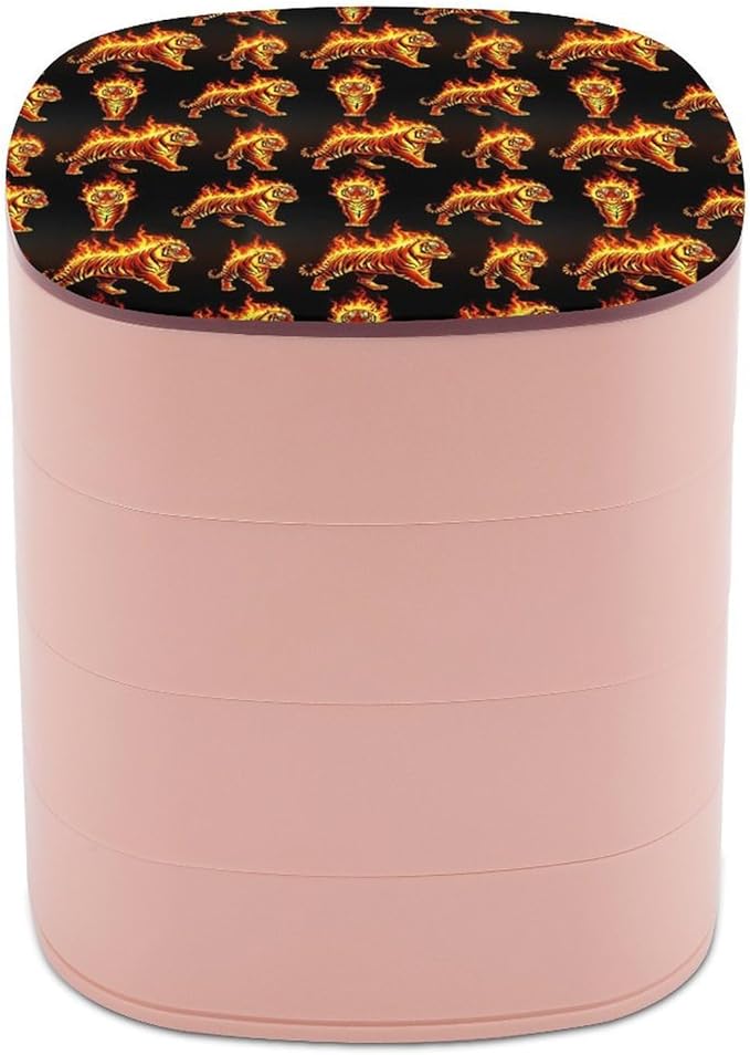4-Layer Rotating Jewelry Box Mirror Necklace Ring Earring Storage Fire Flame Tiger Small Jewelry Organizer Box