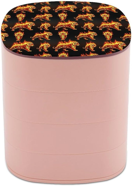 4-Layer Rotating Jewelry Box Mirror Necklace Ring Earring Storage Fire Flame Tiger Small Jewelry Organizer Box