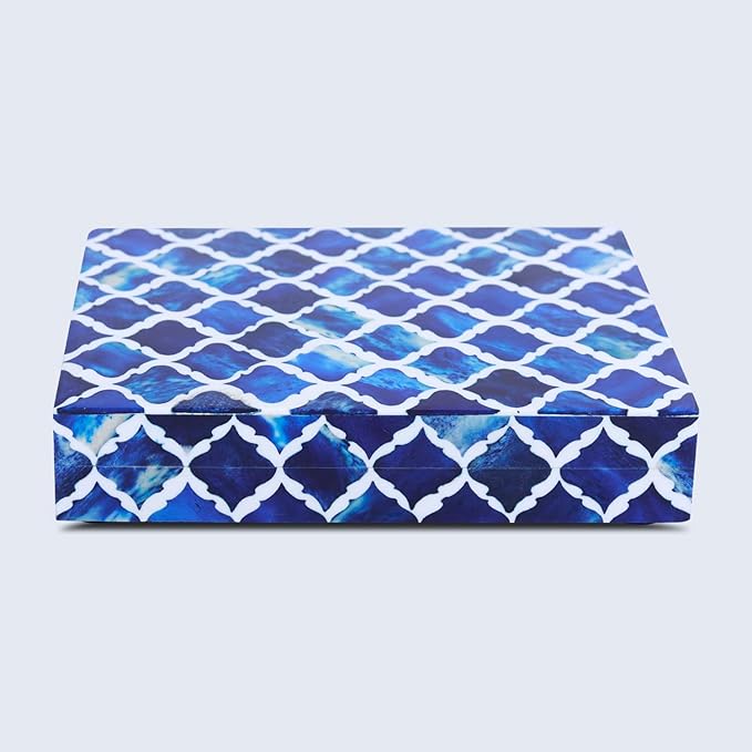 Handicrafts Home Decorative Storage Box with Lid, Moroccan Photo Storage Box Organizer, Flat Keepsake Document Box, Bone & Resin Inlay Wooden Desk Shelf Storage, Blue, 6x8x1.5, Moroccan Collection