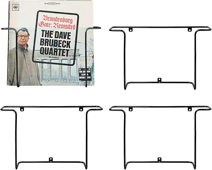 MyGift Modern Metal Wire Record Display Shelf, Vinyl Records Wall Mount Storage Racks, Hanging LP Record Holders, Floating Album Cover Display Shelves, Set of 2 (Black- 4 Pcs)