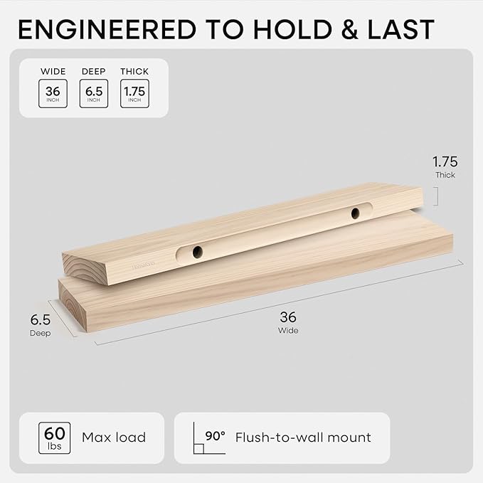 Homeforia 36 inch Wood Floating Shelves, High End Solid Natural Wood 36inch Large Floating Shelf Bathroom, Unfinished Wooden Floating Shelves for Wall, Heavy Duty Bracket, 36 X 6.5 X 1.75 in, Set of 4