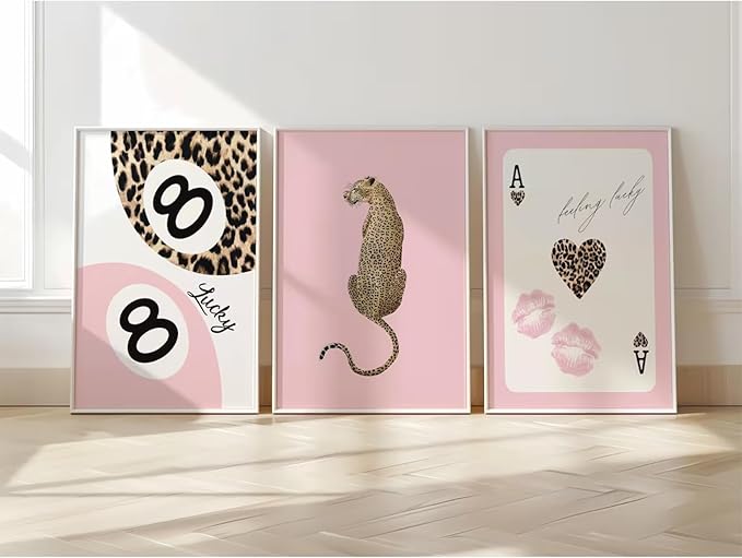 Lhoiplme Cheetah Trendy Wall Art Preppy Leopard Canvas Print Cheetah Room Wall Decor 8 Ball Poster Y2k Pink Coquette Luxury Print Lucky Aesthetic Fashion Pictures for Bedroom 24x36x3 Inch Unframed