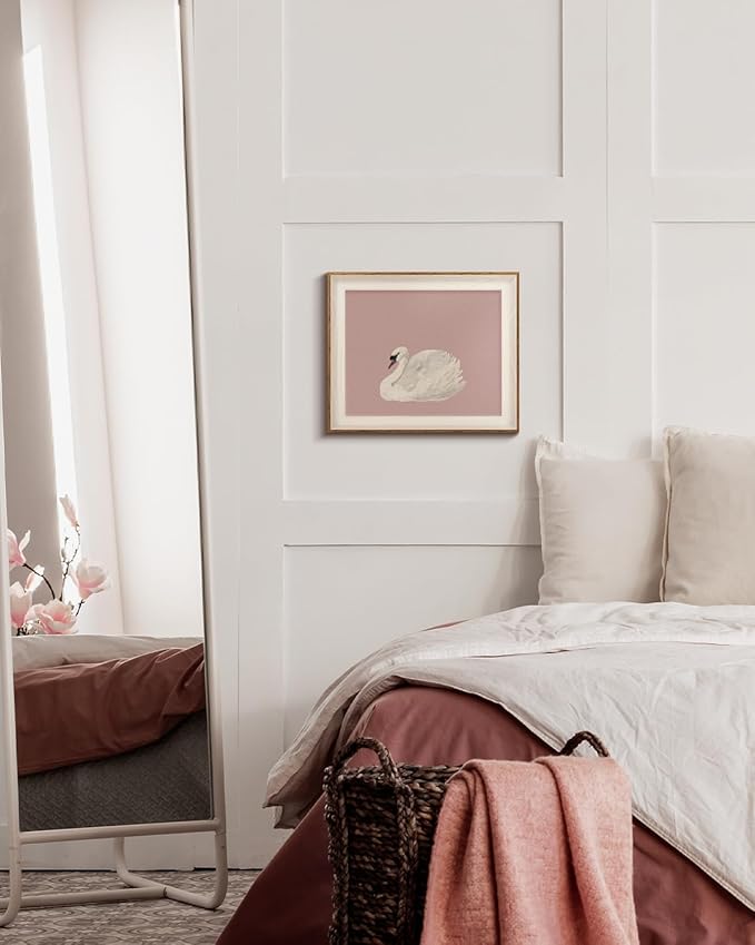 VIYYIEA Framed Wall Art for Living Room, Swan Canvas Prints, Pink Home Decor, Animals Painting Picture, Bathroom Wall Decor Gifts for Friends or Family -【Swan Pink】-(12L x 10W)